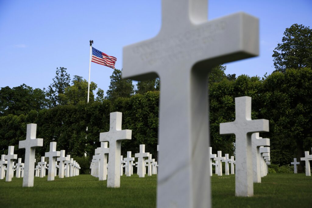 The Stars and Stripes in the background of the Meuse-Argonne American Cemetery in France, the final resting place for more than 14,000 Americans who gave their lives in World War I, June 16, 2015.
ABMC photo
