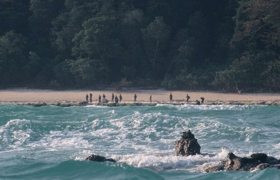 A group of Sentinelese ready to ward off visitors to their island 