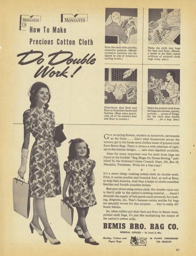Ad from the 30s showing how to create dresses from cotton potato bags​ 