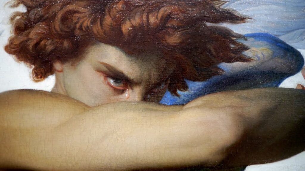 Detail of "Fallen Angel." The details of the fallen angel's eyes convey clear envious rage. 
