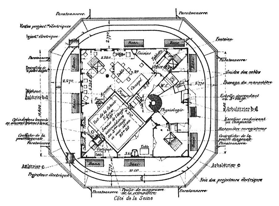 Floor plan showing Gustave Eiffel’s private apartment atop the Eiffel Tower. The apartment in the middle is surrounded by outdoor balcony.
