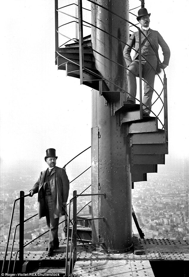Gustave Eiffel (bottom) at the Eiffel Tower stairs, 1889
