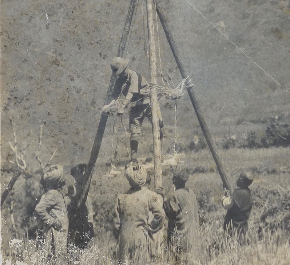 Jim Corbett building a machan hayrick during an earlier hunt for the leopard of Rudraprayag.
