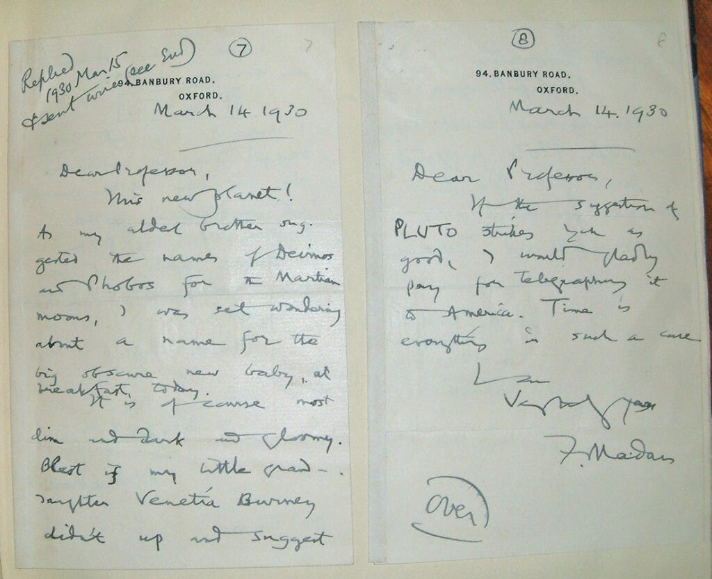 Letters from Venetia’s grandfather, F. Madan, to Professor Henry Herbert Turner. Madan’s brother had named the Martian moons Deimos and Phobos, so there was already a family precedent. 