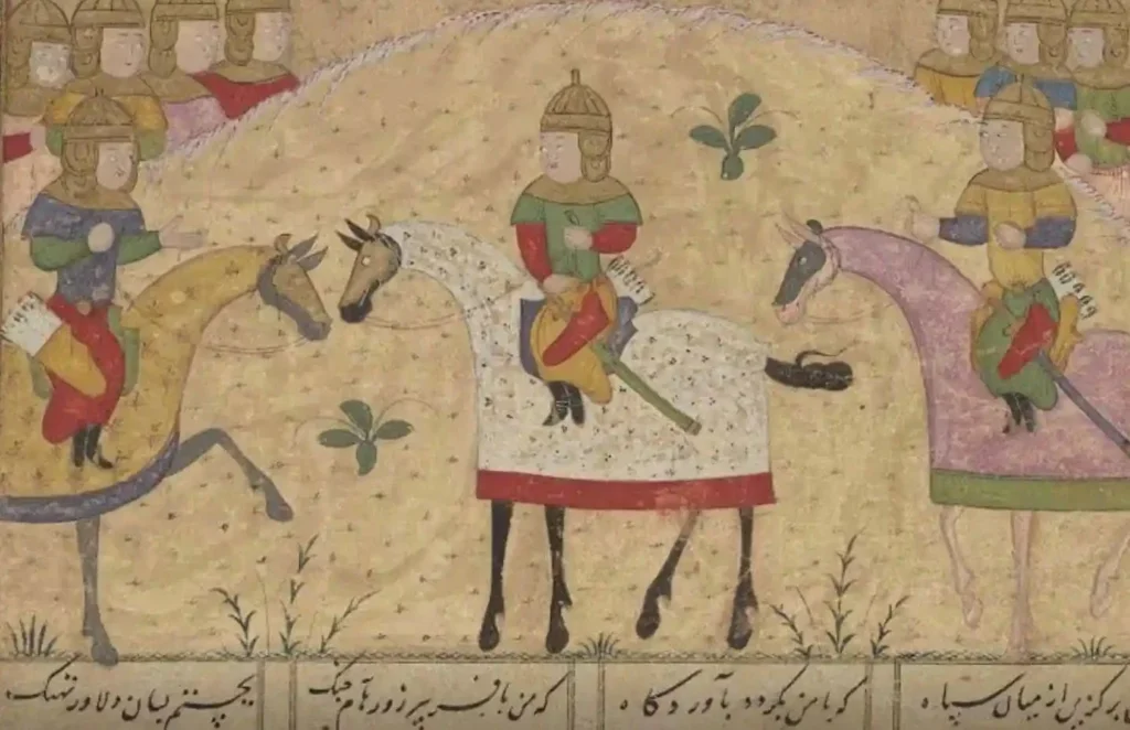 Persian cavalry wearing high heels on horseback
