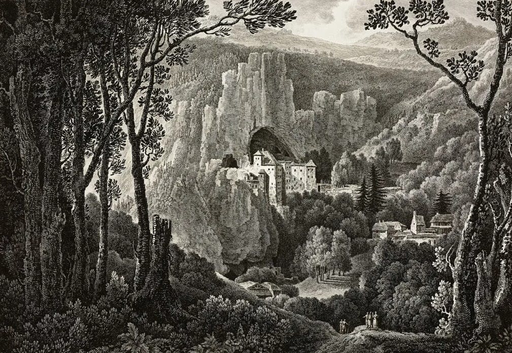 Predjama Castle, Slovenia, engraving by Paris from a drawing by Louis Francois Cassas, from „Picturesque and historical journey in Istria and Dalmatia,” Paris, 1802