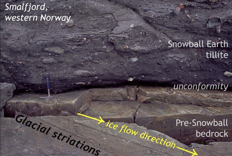 Striated glacial pavement (unconformity surface) below Neoproterozoic Smalfjord tillite, western Norway. Photo by Galen Halverson
