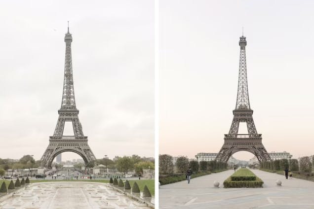 The Eiffel Tower (left) is one of Paris's most iconic landmarks. The second largest replica in the world can be found in Tianducheng, China (right), after the Paris Las Vegas Hotel in Nevada.