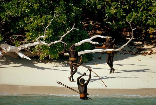 The Sentinelese greeting with a bow and arrow 