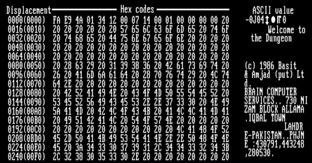 The boot sector of an infected floppy. On the right hand side you can see that the authors of the virus left their names, address and contact information on purpose.
