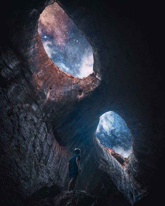 The heavens seen through “The Eyes of God,“ Prohodna Cave, Bulgaria.
