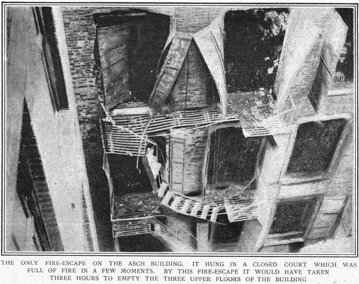 The only crumpled light-court fire escape that plummeted scores of workers to their deaths.
​NYPL Collection