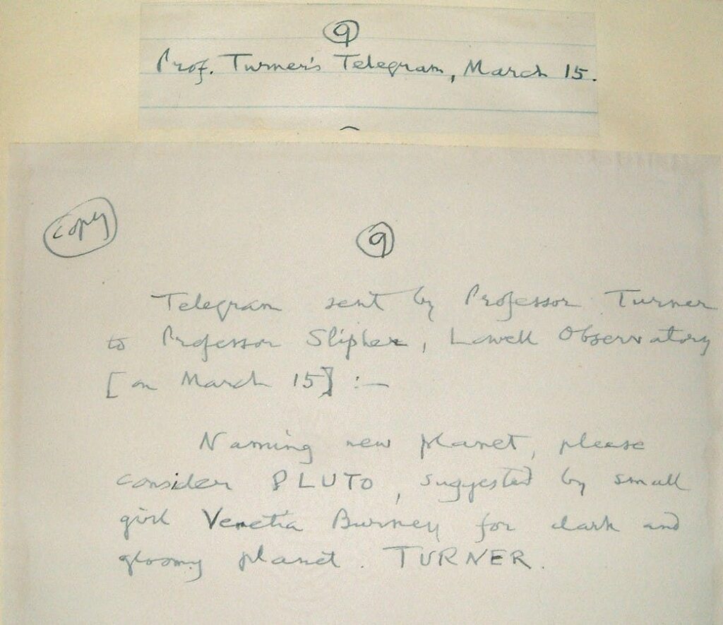 The telegram sent by Prof. Turner to the Lowell Observatory, Arizona 