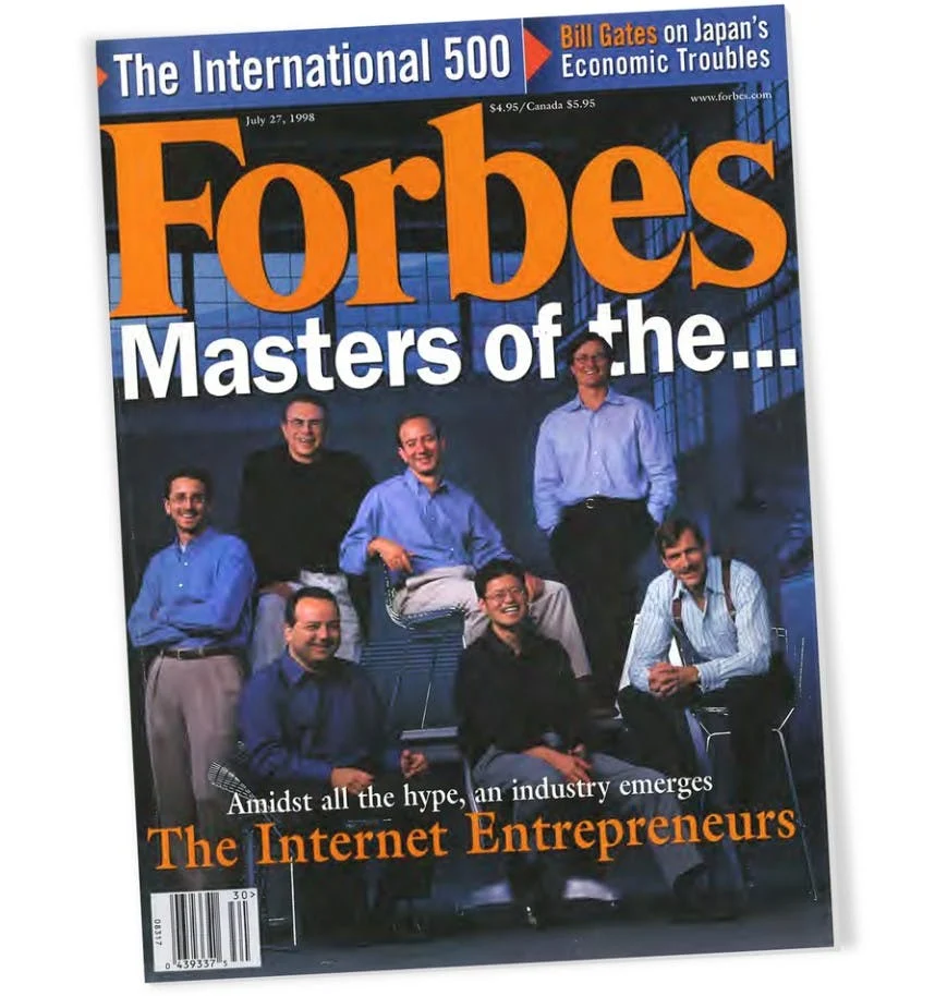 July 1998 cover of Forbes with Bezos and other dot-com entrepreneurs labeled as "Masters of the Universe." Only a few of those that graced this cover survived the dot-com bubble with Bezos being the biggest success story.
