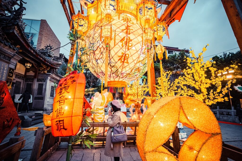 woman, lanterns, chinese lanterns